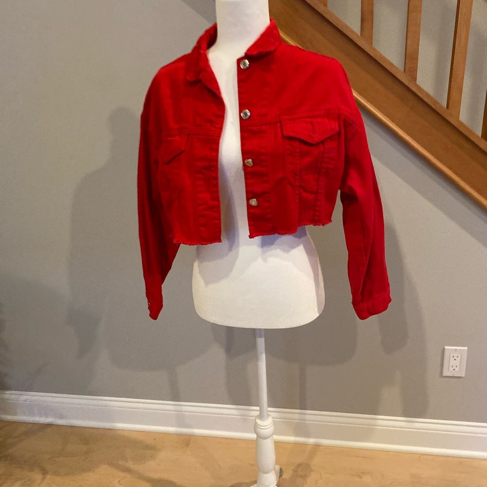 Red cropped distressed jean jacket